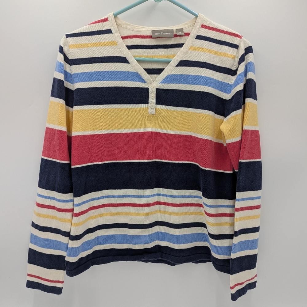 Croft & Barrow Striped Cotton Sweater Comfy Knit Nautical Medium Henley V-neck